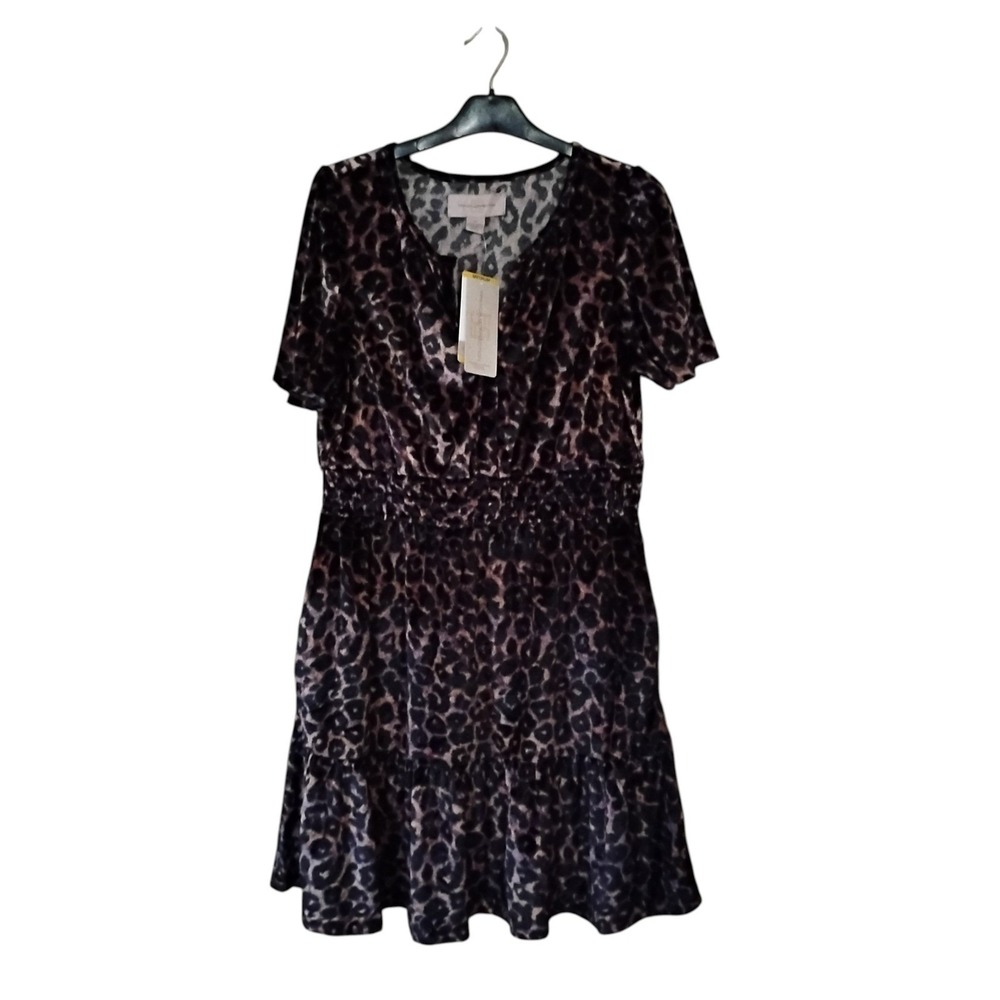 French Connection Velvet Leopard Print Smocked Waist Tiered Mini Dress Purple M
